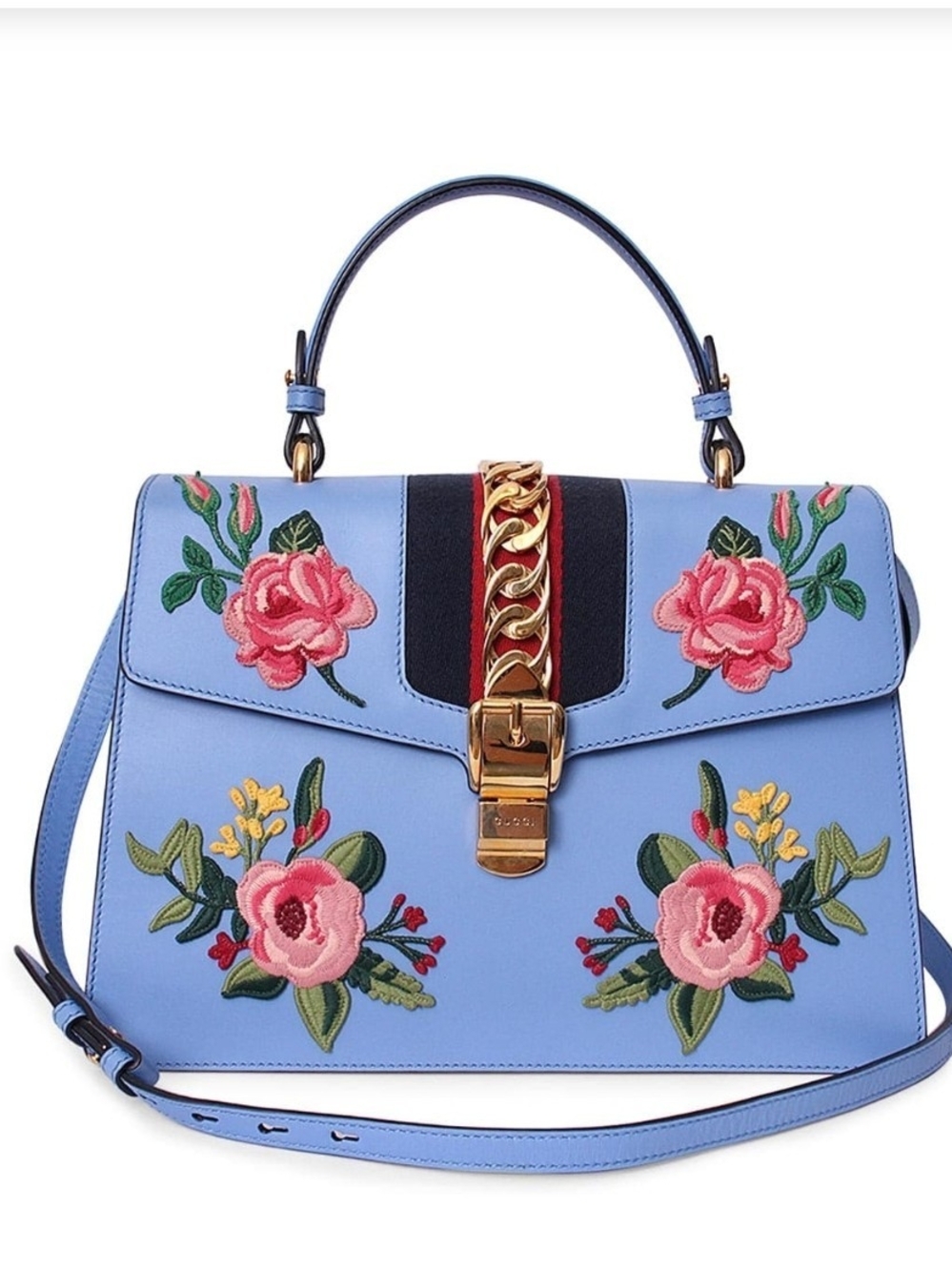 Gucci Light Blue Floral Embroidered Top-Handle Satchel with Gold Hardware